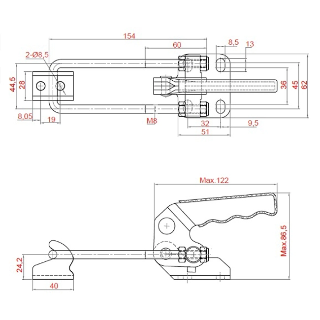 Vendita online Bloccaggio a tirante base piatta versione orizzontale/verticale 710 Kg.